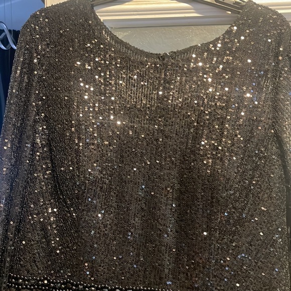 MAC DUGGAL SEQUIN BODICE LONG SLEEVE RUFFLE TIERED BLACK MIDI DRESS  sz 16 - Picture 4 of 8